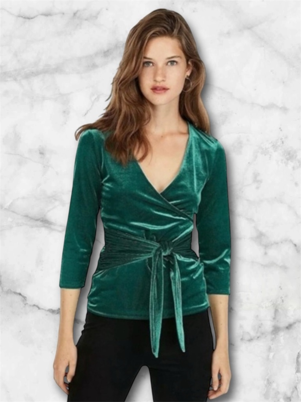 NWT Express Tie Front Wrap Top Deep Green Velour Holiday Size Small